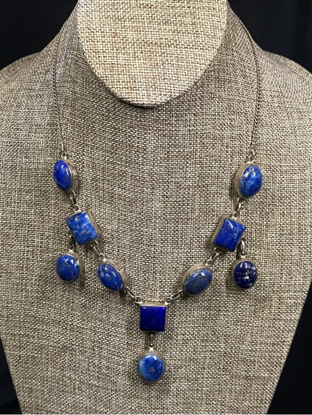 Vintage 925 Sterling Silver Lapiz Lazuli 19” Statement Necklace Handmade